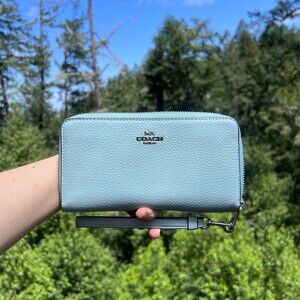 COACH Long Zip-Around Light Blue Pebble Leather Wallet Silver Hardware AUTHENTIC